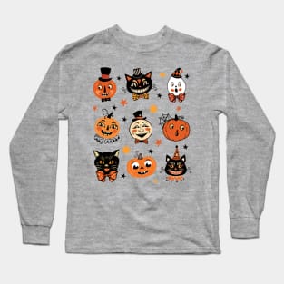 Vintage Halloween Folk Art Retro Pumpkins and Cats Long Sleeve T-Shirt